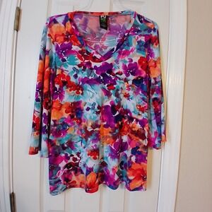 Pure Essence Blouse Size Small Bright Colors Floral Orange Pink Purple Blue Top